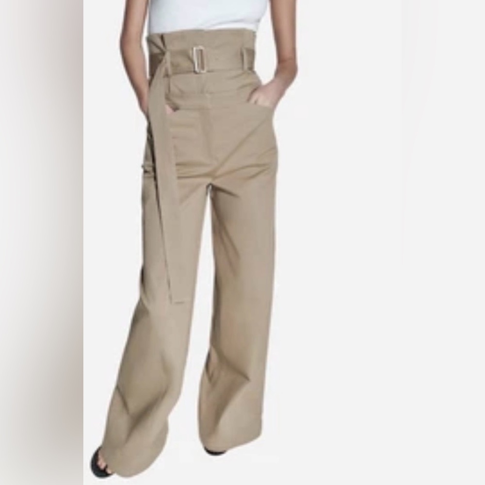 Zara High-Waist Paperbag Wide-Leg Pants in Beige